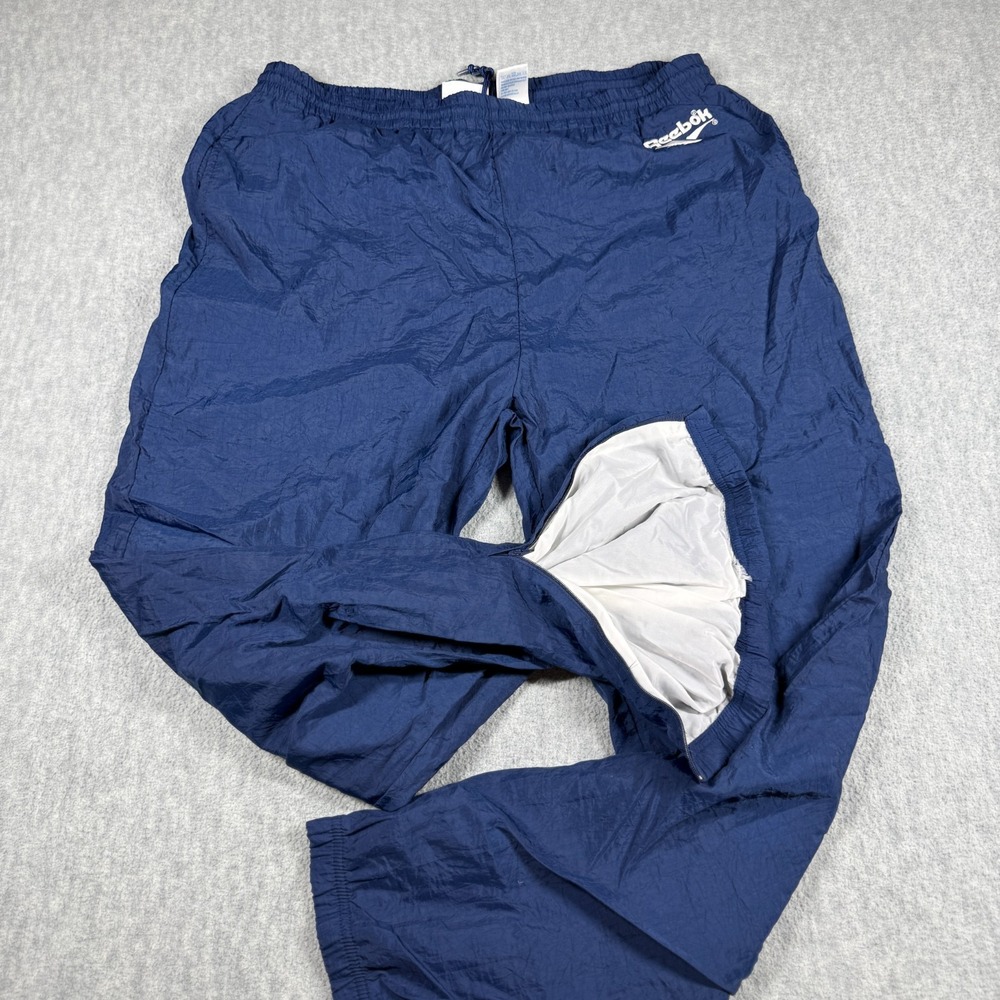 Reebok Track Pants Men's XL Navy Blue Windbreaker Vintage 90s Ankle Zip Athletic